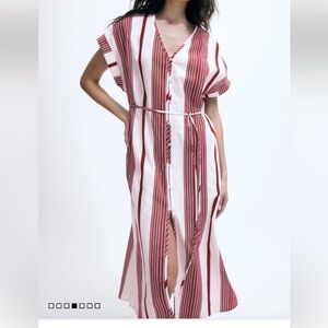 H&M Cotton Short Sleeve V-Neck Button-Front Tie Belt Midi Dress High Slits Sz L